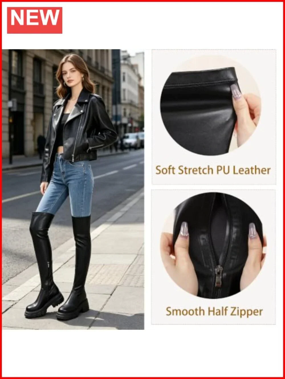 Over The Knee Thigh High Boots Chunky Heel Faux Leather Stretch